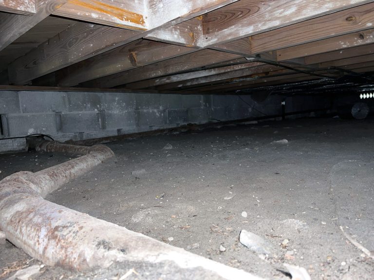 A dirty crawl space that is dark and not sealed.